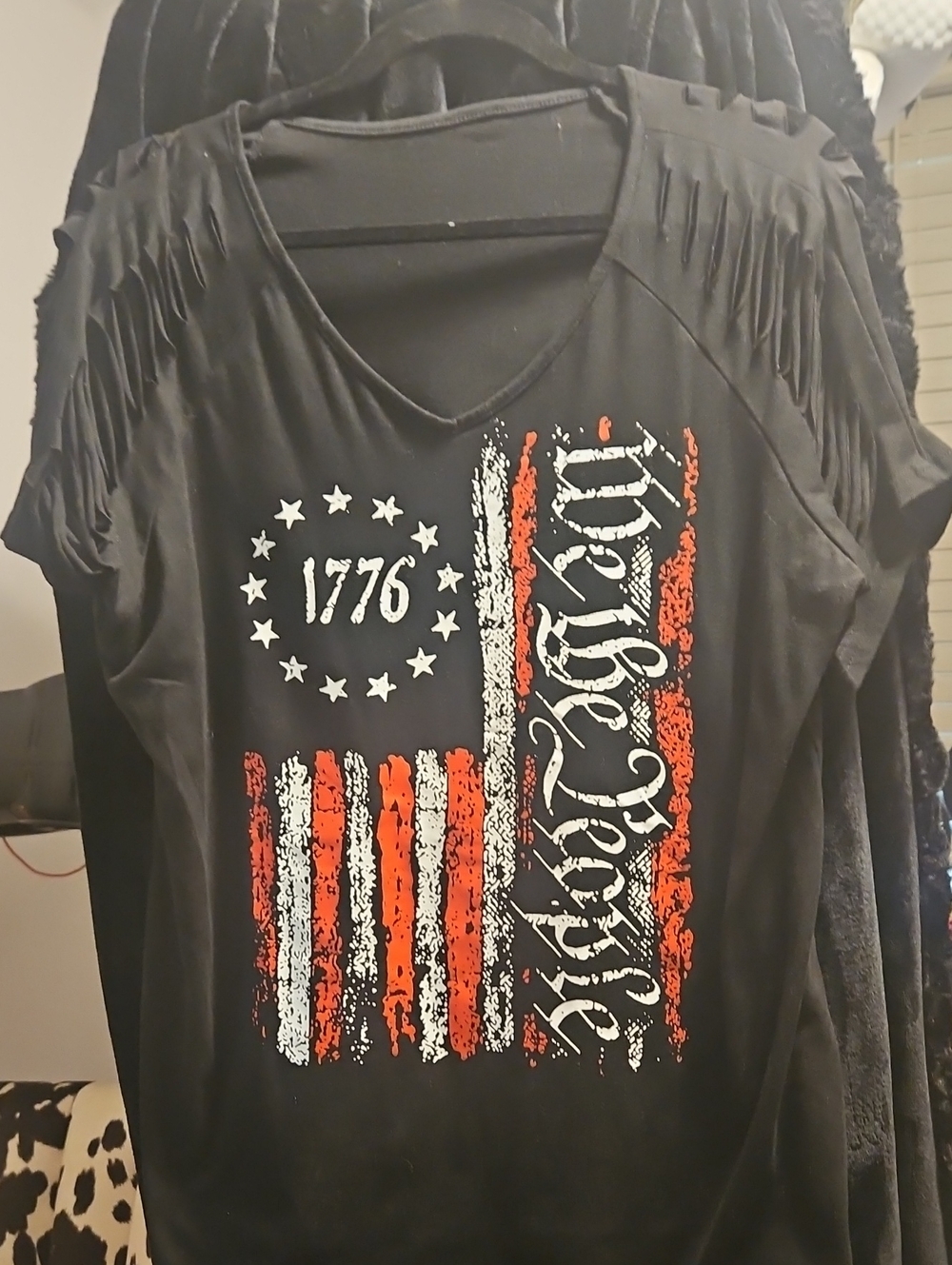 Black "1776" Graphic Fringe Sleeve Top